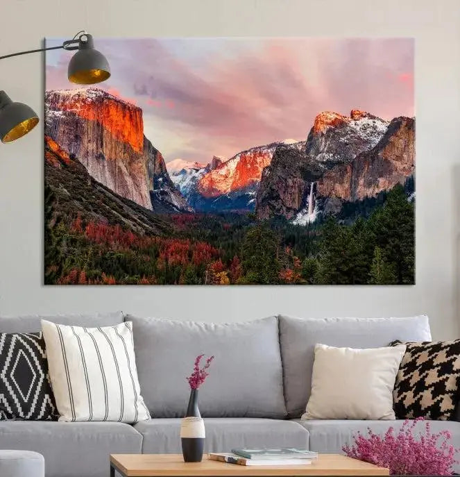 The Yosemite Half Dome Wall Art Canvas Print El Capitan, a three-panel masterpiece depicting a museum-quality mountain landscape at sunset, offers stunning visuals. Enjoy free shipping on these beautiful canvases.