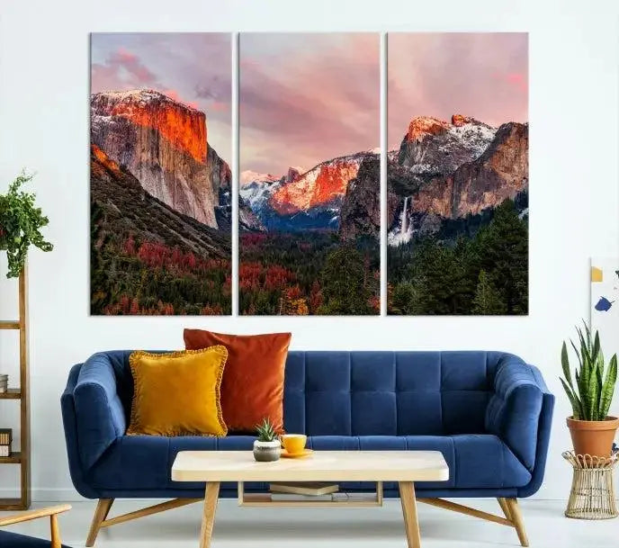 The Yosemite Half Dome Wall Art Canvas Print El Capitan, a three-panel masterpiece depicting a museum-quality mountain landscape at sunset, offers stunning visuals. Enjoy free shipping on these beautiful canvases.