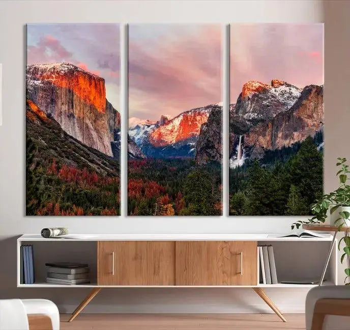 The Yosemite Half Dome Wall Art Canvas Print El Capitan, a three-panel masterpiece depicting a museum-quality mountain landscape at sunset, offers stunning visuals. Enjoy free shipping on these beautiful canvases.