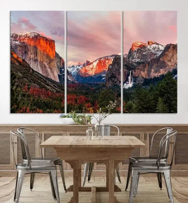 The Yosemite Half Dome Wall Art Canvas Print El Capitan, a three-panel masterpiece depicting a museum-quality mountain landscape at sunset, offers stunning visuals. Enjoy free shipping on these beautiful canvases.