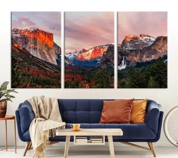 The Yosemite Half Dome Wall Art Canvas Print El Capitan, a three-panel masterpiece depicting a museum-quality mountain landscape at sunset, offers stunning visuals. Enjoy free shipping on these beautiful canvases.