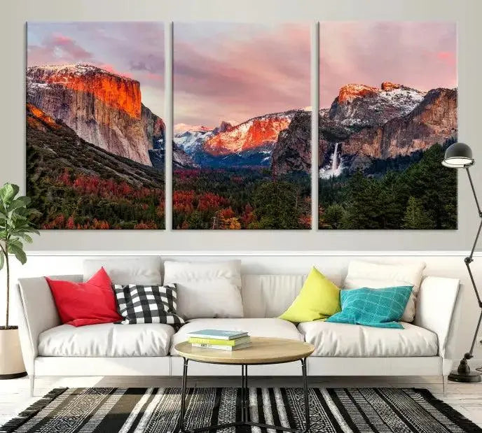 The Yosemite Half Dome Wall Art Canvas Print El Capitan, a three-panel masterpiece depicting a museum-quality mountain landscape at sunset, offers stunning visuals. Enjoy free shipping on these beautiful canvases.