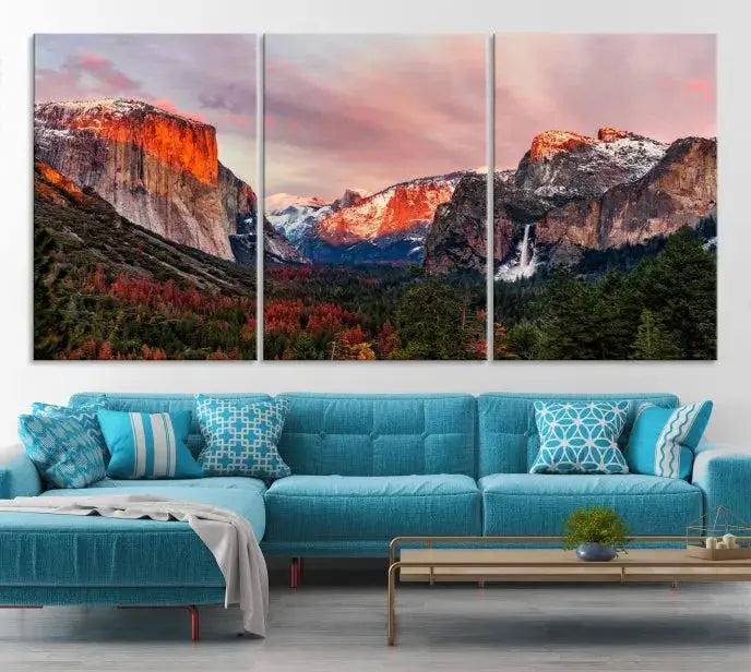 The Yosemite Half Dome Wall Art Canvas Print El Capitan, a three-panel masterpiece depicting a museum-quality mountain landscape at sunset, offers stunning visuals. Enjoy free shipping on these beautiful canvases.