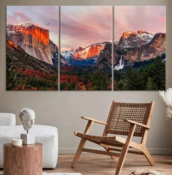 The Yosemite Half Dome Wall Art Canvas Print El Capitan, a three-panel masterpiece depicting a museum-quality mountain landscape at sunset, offers stunning visuals. Enjoy free shipping on these beautiful canvases.