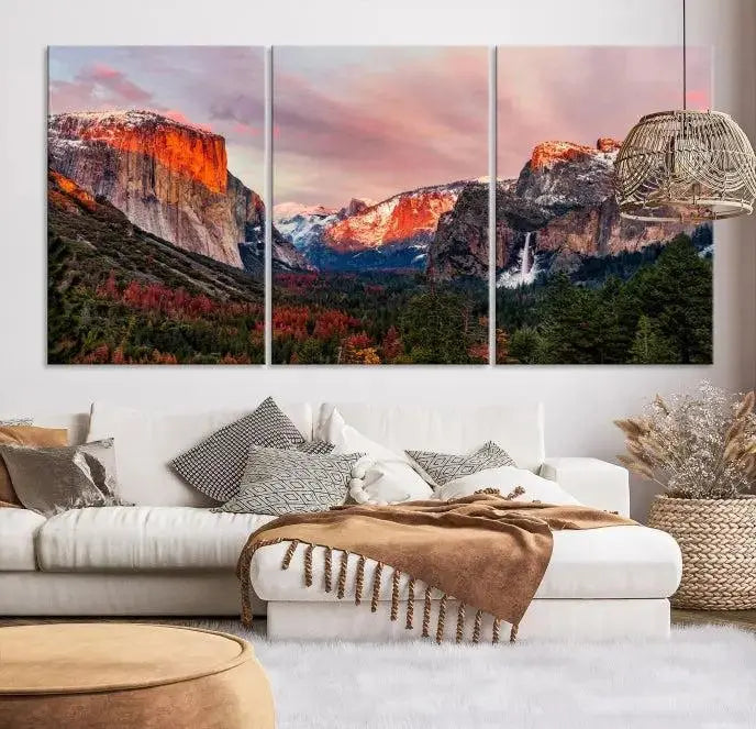 The Yosemite Half Dome Wall Art Canvas Print El Capitan, a three-panel masterpiece depicting a museum-quality mountain landscape at sunset, offers stunning visuals. Enjoy free shipping on these beautiful canvases.