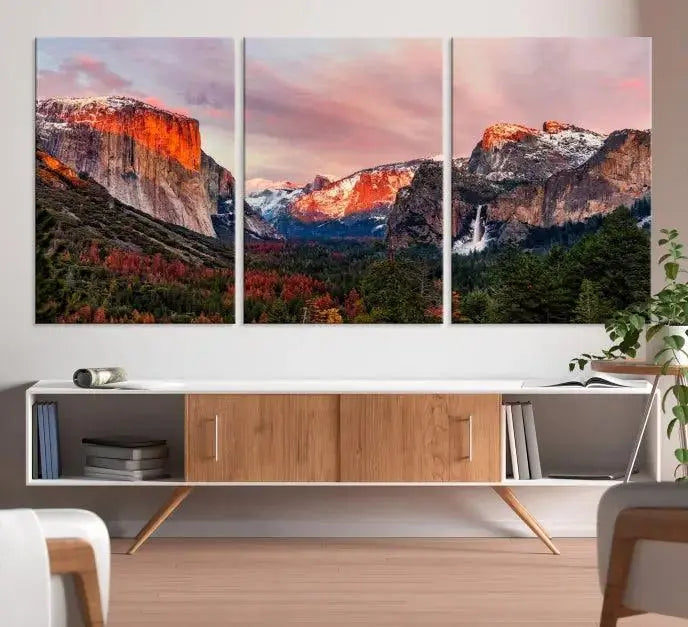 The Yosemite Half Dome Wall Art Canvas Print El Capitan, a three-panel masterpiece depicting a museum-quality mountain landscape at sunset, offers stunning visuals. Enjoy free shipping on these beautiful canvases.