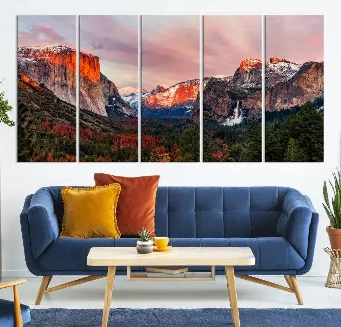 The Yosemite Half Dome Wall Art Canvas Print El Capitan, a three-panel masterpiece depicting a museum-quality mountain landscape at sunset, offers stunning visuals. Enjoy free shipping on these beautiful canvases.