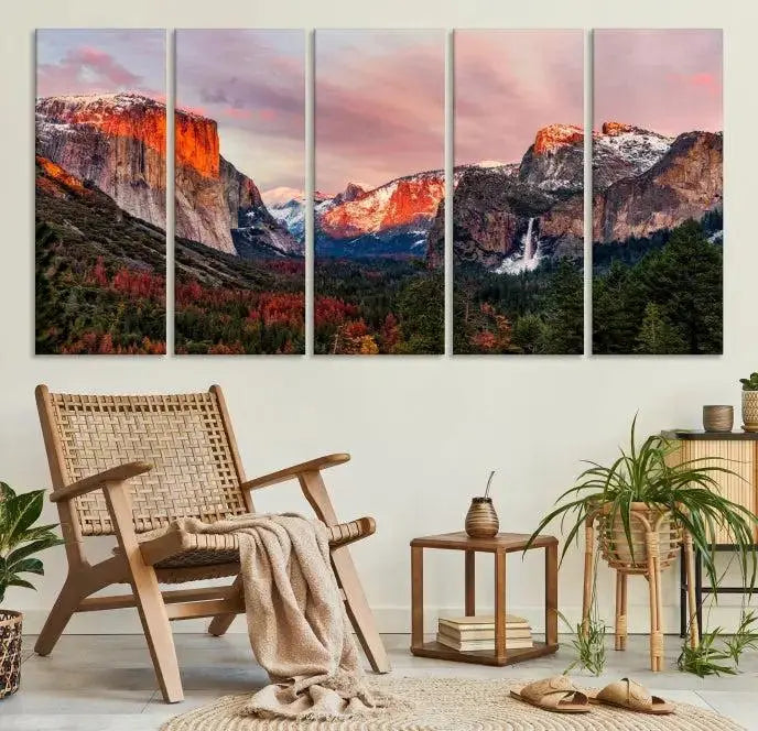 The Yosemite Half Dome Wall Art Canvas Print El Capitan, a three-panel masterpiece depicting a museum-quality mountain landscape at sunset, offers stunning visuals. Enjoy free shipping on these beautiful canvases.