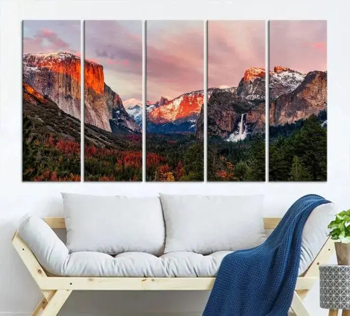 The Yosemite Half Dome Wall Art Canvas Print El Capitan, a three-panel masterpiece depicting a museum-quality mountain landscape at sunset, offers stunning visuals. Enjoy free shipping on these beautiful canvases.