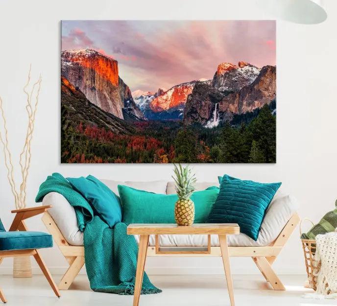 The Yosemite Half Dome Wall Art Canvas Print El Capitan, a three-panel masterpiece depicting a museum-quality mountain landscape at sunset, offers stunning visuals. Enjoy free shipping on these beautiful canvases.