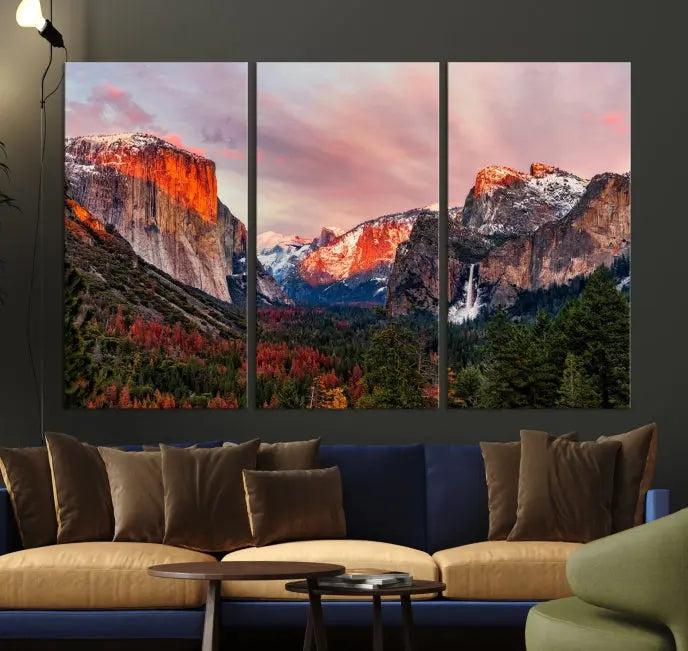 The Yosemite Half Dome Wall Art Canvas Print El Capitan, a three-panel masterpiece depicting a museum-quality mountain landscape at sunset, offers stunning visuals. Enjoy free shipping on these beautiful canvases.