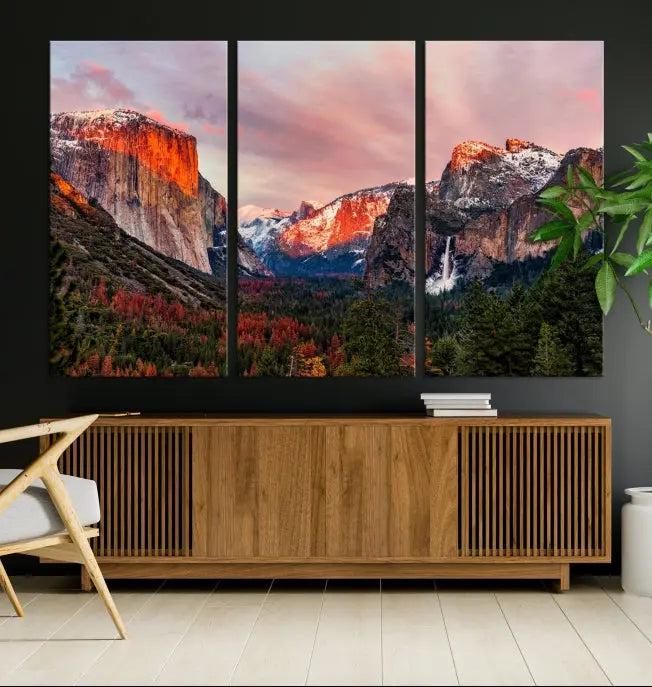 The Yosemite Half Dome Wall Art Canvas Print El Capitan, a three-panel masterpiece depicting a museum-quality mountain landscape at sunset, offers stunning visuals. Enjoy free shipping on these beautiful canvases.