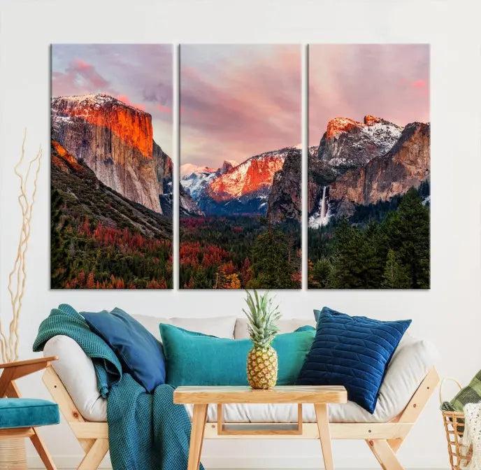 The Yosemite Half Dome Wall Art Canvas Print El Capitan, a three-panel masterpiece depicting a museum-quality mountain landscape at sunset, offers stunning visuals. Enjoy free shipping on these beautiful canvases.