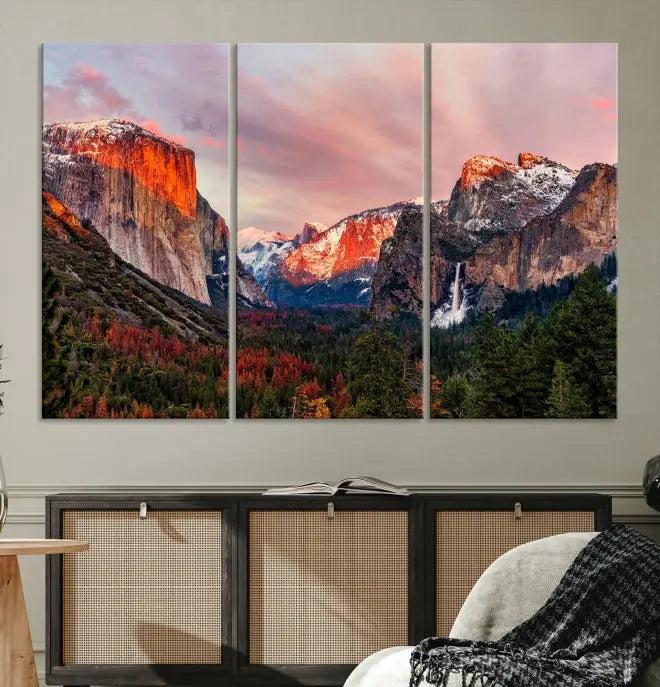 The Yosemite Half Dome Wall Art Canvas Print El Capitan, a three-panel masterpiece depicting a museum-quality mountain landscape at sunset, offers stunning visuals. Enjoy free shipping on these beautiful canvases.