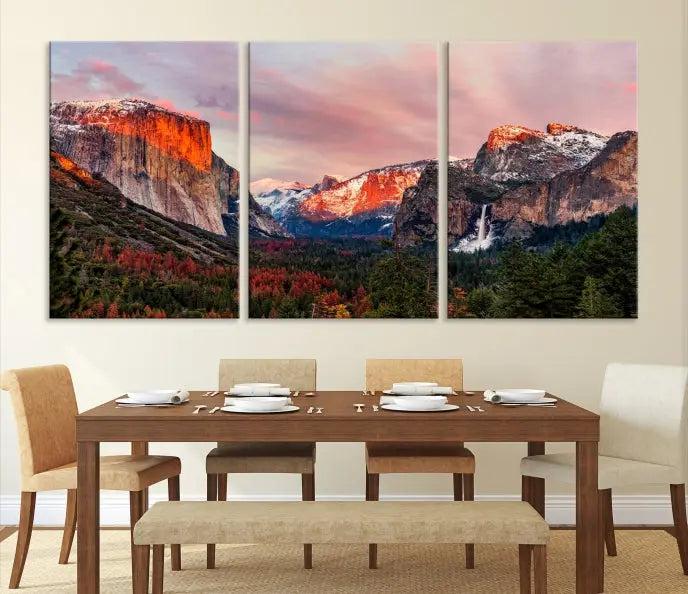 The Yosemite Half Dome Wall Art Canvas Print El Capitan, a three-panel masterpiece depicting a museum-quality mountain landscape at sunset, offers stunning visuals. Enjoy free shipping on these beautiful canvases.