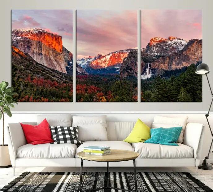 The Yosemite Half Dome Wall Art Canvas Print El Capitan, a three-panel masterpiece depicting a museum-quality mountain landscape at sunset, offers stunning visuals. Enjoy free shipping on these beautiful canvases.