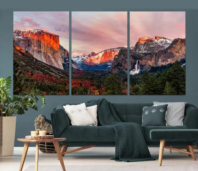 The Yosemite Half Dome Wall Art Canvas Print El Capitan, a three-panel masterpiece depicting a museum-quality mountain landscape at sunset, offers stunning visuals. Enjoy free shipping on these beautiful canvases.