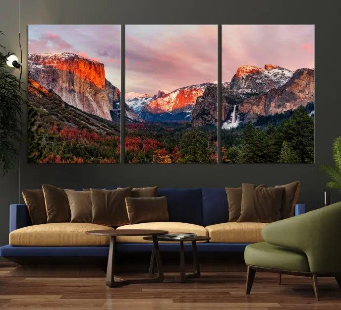 The Yosemite Half Dome Wall Art Canvas Print El Capitan, a three-panel masterpiece depicting a museum-quality mountain landscape at sunset, offers stunning visuals. Enjoy free shipping on these beautiful canvases.