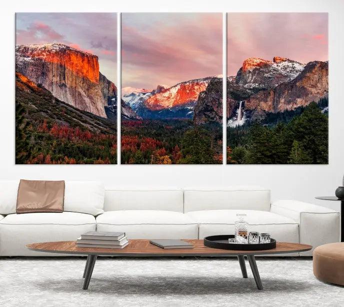 The Yosemite Half Dome Wall Art Canvas Print El Capitan, a three-panel masterpiece depicting a museum-quality mountain landscape at sunset, offers stunning visuals. Enjoy free shipping on these beautiful canvases.