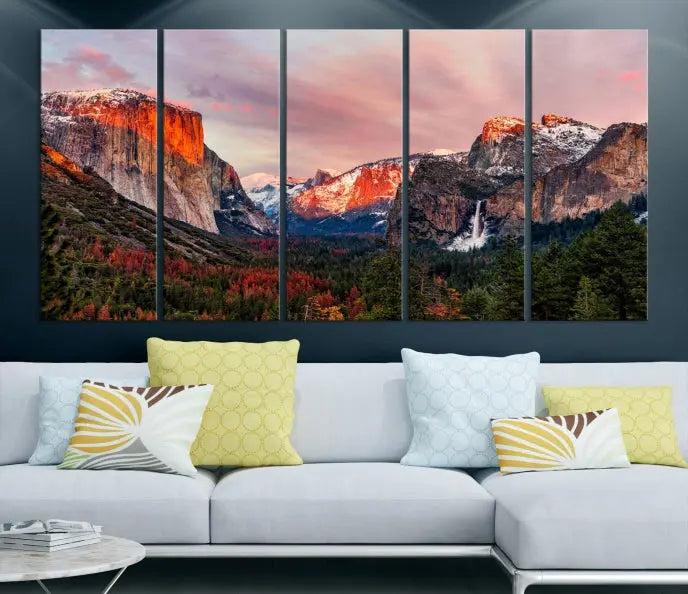 The Yosemite Half Dome Wall Art Canvas Print El Capitan, a three-panel masterpiece depicting a museum-quality mountain landscape at sunset, offers stunning visuals. Enjoy free shipping on these beautiful canvases.