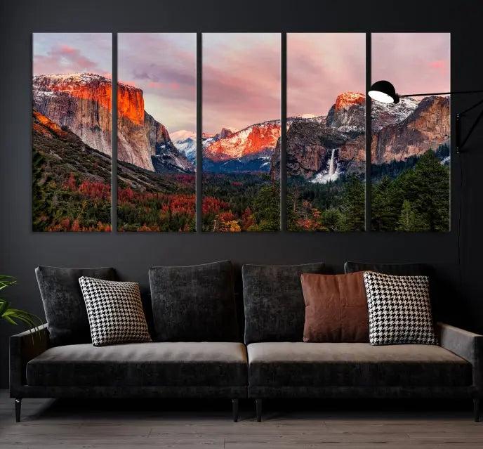 The Yosemite Half Dome Wall Art Canvas Print El Capitan, a three-panel masterpiece depicting a museum-quality mountain landscape at sunset, offers stunning visuals. Enjoy free shipping on these beautiful canvases.