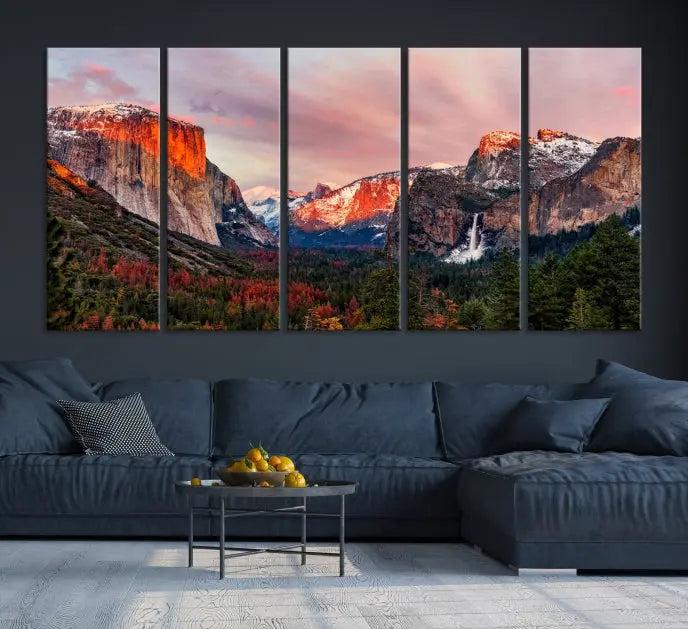 The Yosemite Half Dome Wall Art Canvas Print El Capitan, a three-panel masterpiece depicting a museum-quality mountain landscape at sunset, offers stunning visuals. Enjoy free shipping on these beautiful canvases.