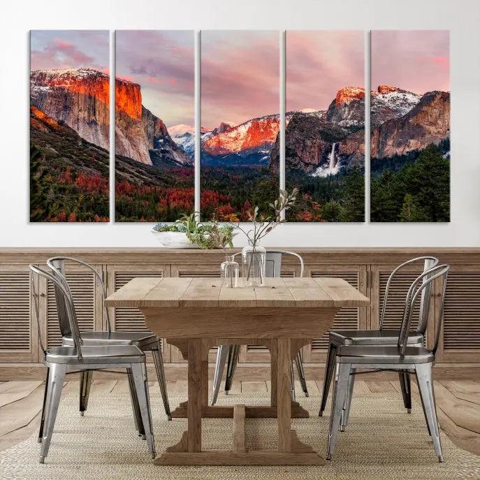 The Yosemite Half Dome Wall Art Canvas Print El Capitan, a three-panel masterpiece depicting a museum-quality mountain landscape at sunset, offers stunning visuals. Enjoy free shipping on these beautiful canvases.