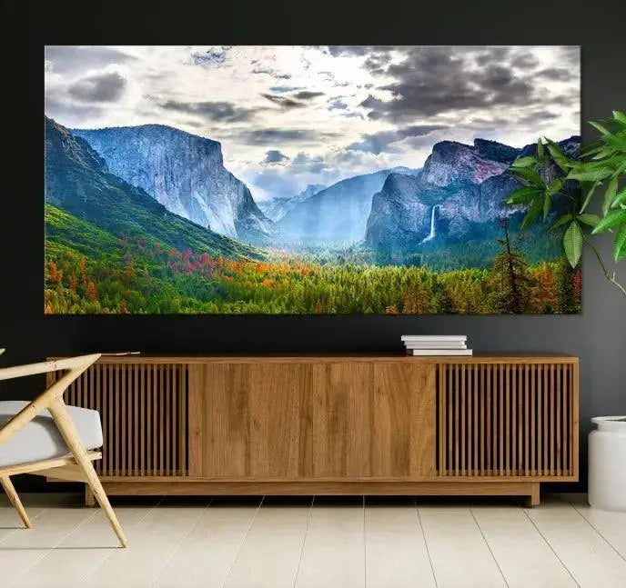 A set of Yosemite National Park El Capitan Landscape Canvas Prints features a breathtaking mountainous scene. These prints are on museum-quality canvas, ready to hang, and come with a UV-protective coating for lasting beauty.