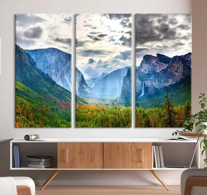 A set of Yosemite National Park El Capitan Landscape Canvas Prints features a breathtaking mountainous scene. These prints are on museum-quality canvas, ready to hang, and come with a UV-protective coating for lasting beauty.