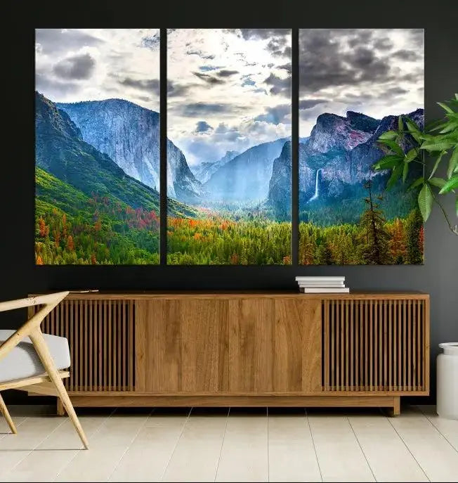 A set of Yosemite National Park El Capitan Landscape Canvas Prints features a breathtaking mountainous scene. These prints are on museum-quality canvas, ready to hang, and come with a UV-protective coating for lasting beauty.