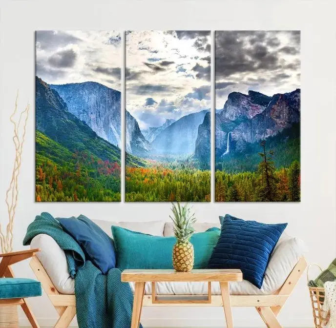 A set of Yosemite National Park El Capitan Landscape Canvas Prints features a breathtaking mountainous scene. These prints are on museum-quality canvas, ready to hang, and come with a UV-protective coating for lasting beauty.