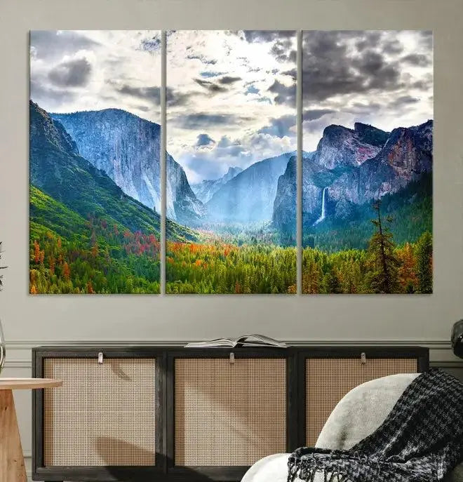 A set of Yosemite National Park El Capitan Landscape Canvas Prints features a breathtaking mountainous scene. These prints are on museum-quality canvas, ready to hang, and come with a UV-protective coating for lasting beauty.