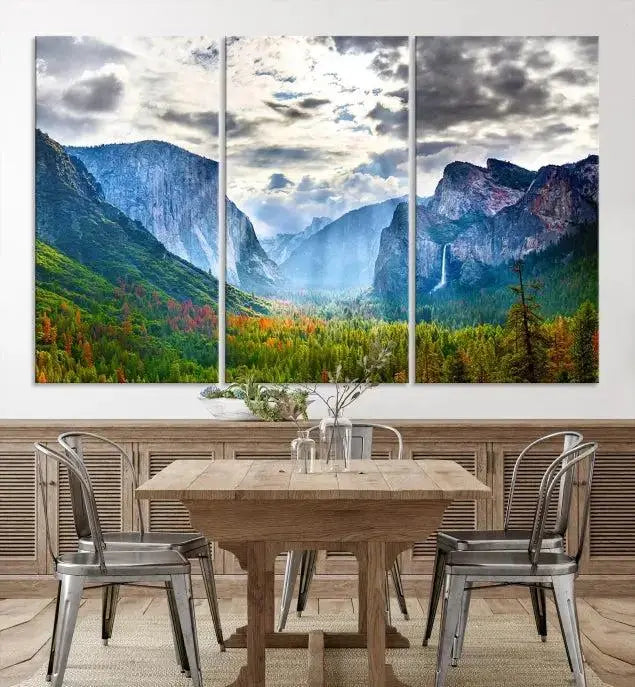 A set of Yosemite National Park El Capitan Landscape Canvas Prints features a breathtaking mountainous scene. These prints are on museum-quality canvas, ready to hang, and come with a UV-protective coating for lasting beauty.