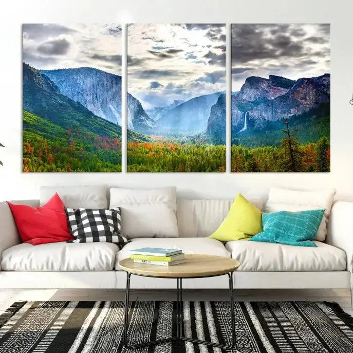 A set of Yosemite National Park El Capitan Landscape Canvas Prints features a breathtaking mountainous scene. These prints are on museum-quality canvas, ready to hang, and come with a UV-protective coating for lasting beauty.