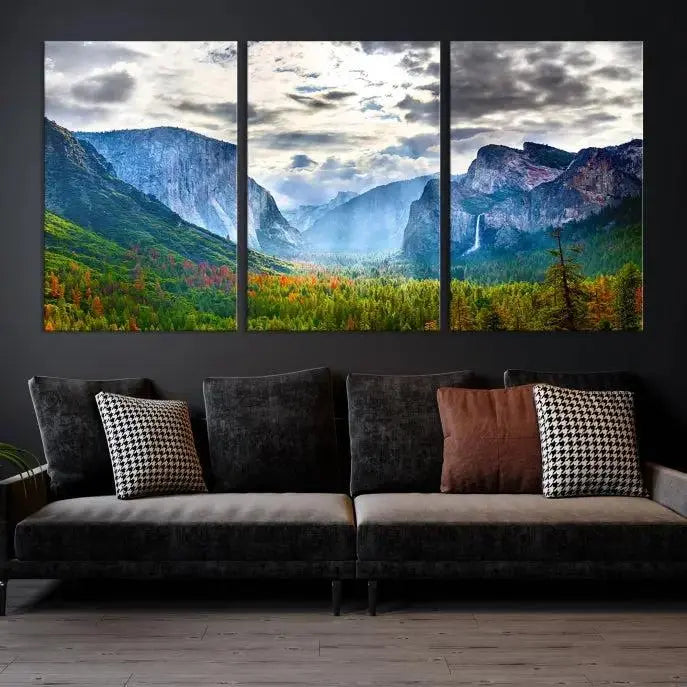 A set of Yosemite National Park El Capitan Landscape Canvas Prints features a breathtaking mountainous scene. These prints are on museum-quality canvas, ready to hang, and come with a UV-protective coating for lasting beauty.