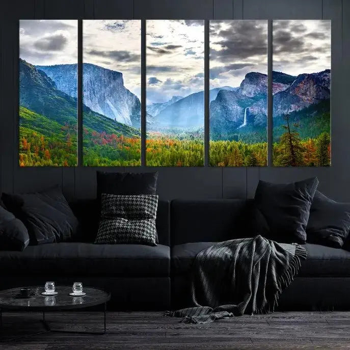 A set of Yosemite National Park El Capitan Landscape Canvas Prints features a breathtaking mountainous scene. These prints are on museum-quality canvas, ready to hang, and come with a UV-protective coating for lasting beauty.