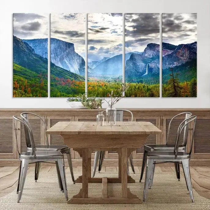 A set of Yosemite National Park El Capitan Landscape Canvas Prints features a breathtaking mountainous scene. These prints are on museum-quality canvas, ready to hang, and come with a UV-protective coating for lasting beauty.