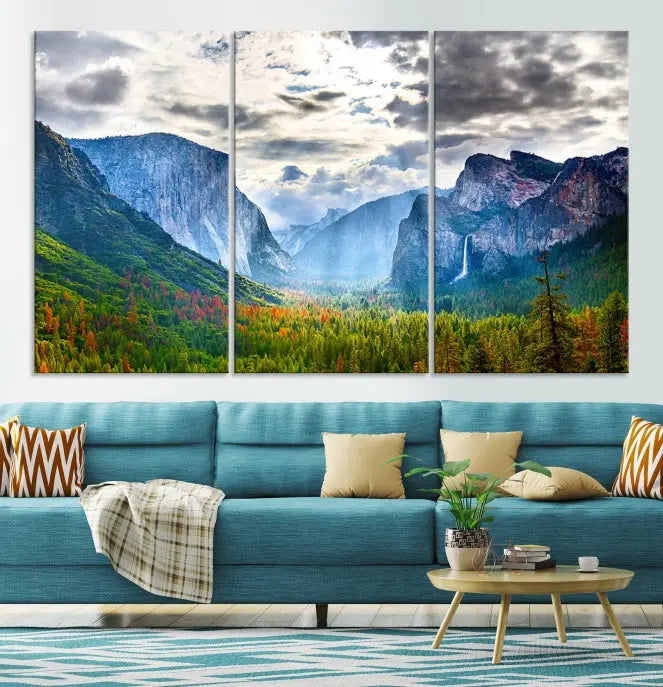 A set of Yosemite National Park El Capitan Landscape Canvas Prints features a breathtaking mountainous scene. These prints are on museum-quality canvas, ready to hang, and come with a UV-protective coating for lasting beauty.