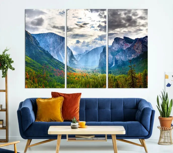 A set of Yosemite National Park El Capitan Landscape Canvas Prints features a breathtaking mountainous scene. These prints are on museum-quality canvas, ready to hang, and come with a UV-protective coating for lasting beauty.