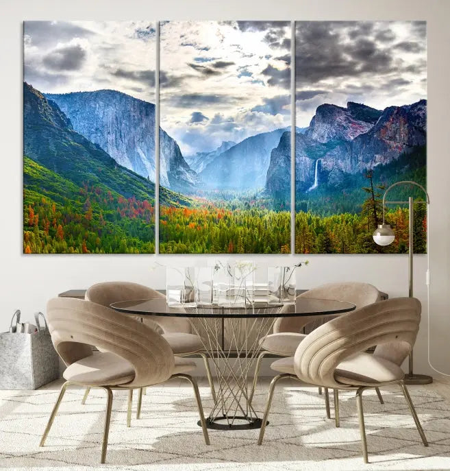 A set of Yosemite National Park El Capitan Landscape Canvas Prints features a breathtaking mountainous scene. These prints are on museum-quality canvas, ready to hang, and come with a UV-protective coating for lasting beauty.