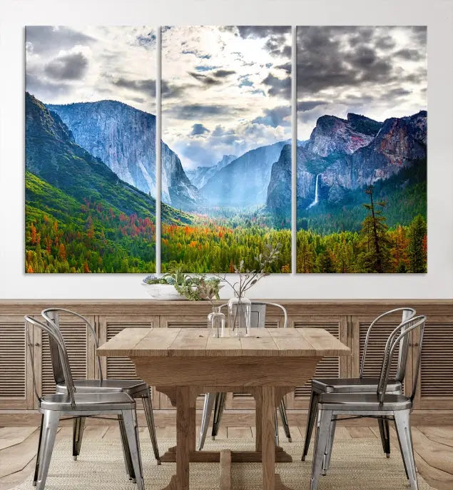 A set of Yosemite National Park El Capitan Landscape Canvas Prints features a breathtaking mountainous scene. These prints are on museum-quality canvas, ready to hang, and come with a UV-protective coating for lasting beauty.