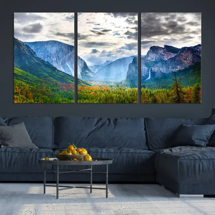 A set of Yosemite National Park El Capitan Landscape Canvas Prints features a breathtaking mountainous scene. These prints are on museum-quality canvas, ready to hang, and come with a UV-protective coating for lasting beauty.