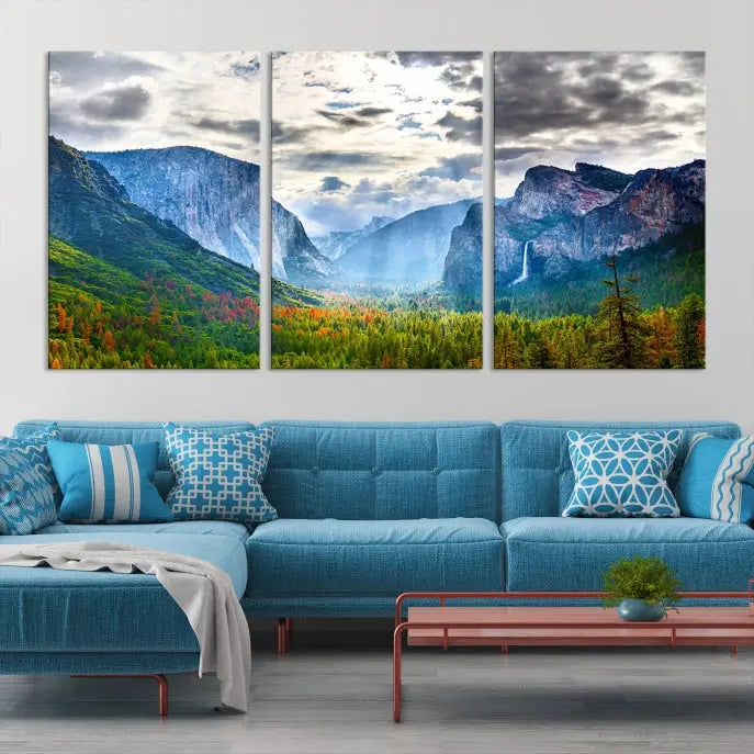 A set of Yosemite National Park El Capitan Landscape Canvas Prints features a breathtaking mountainous scene. These prints are on museum-quality canvas, ready to hang, and come with a UV-protective coating for lasting beauty.