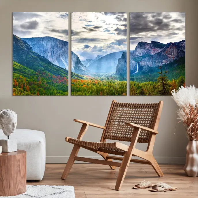 A set of Yosemite National Park El Capitan Landscape Canvas Prints features a breathtaking mountainous scene. These prints are on museum-quality canvas, ready to hang, and come with a UV-protective coating for lasting beauty.