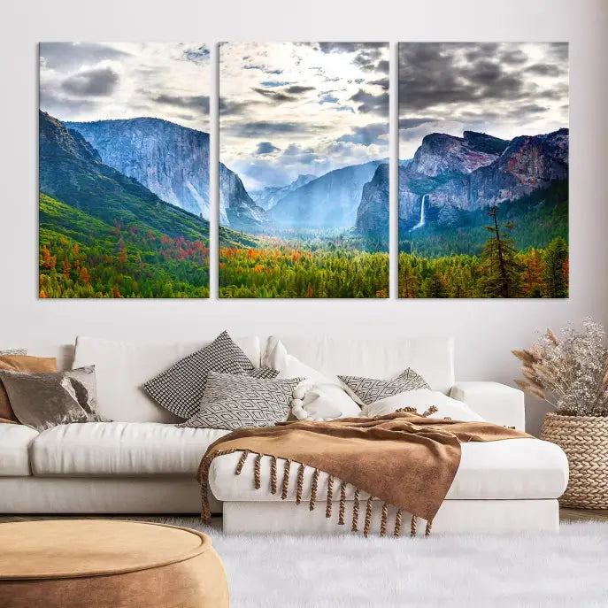 A set of Yosemite National Park El Capitan Landscape Canvas Prints features a breathtaking mountainous scene. These prints are on museum-quality canvas, ready to hang, and come with a UV-protective coating for lasting beauty.