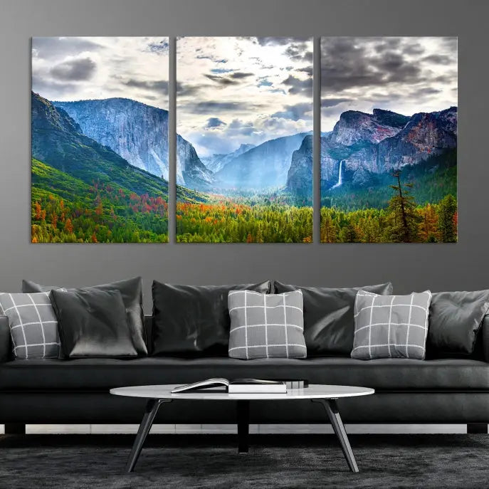 A set of Yosemite National Park El Capitan Landscape Canvas Prints features a breathtaking mountainous scene. These prints are on museum-quality canvas, ready to hang, and come with a UV-protective coating for lasting beauty.