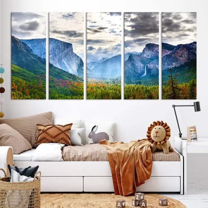 A set of Yosemite National Park El Capitan Landscape Canvas Prints features a breathtaking mountainous scene. These prints are on museum-quality canvas, ready to hang, and come with a UV-protective coating for lasting beauty.