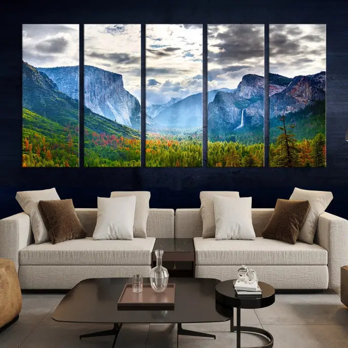 A set of Yosemite National Park El Capitan Landscape Canvas Prints features a breathtaking mountainous scene. These prints are on museum-quality canvas, ready to hang, and come with a UV-protective coating for lasting beauty.