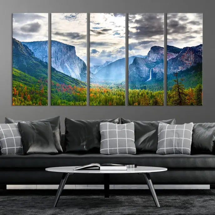 A set of Yosemite National Park El Capitan Landscape Canvas Prints features a breathtaking mountainous scene. These prints are on museum-quality canvas, ready to hang, and come with a UV-protective coating for lasting beauty.