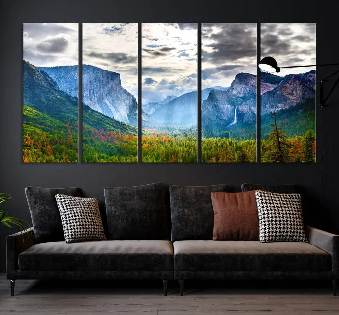 A set of Yosemite National Park El Capitan Landscape Canvas Prints features a breathtaking mountainous scene. These prints are on museum-quality canvas, ready to hang, and come with a UV-protective coating for lasting beauty.